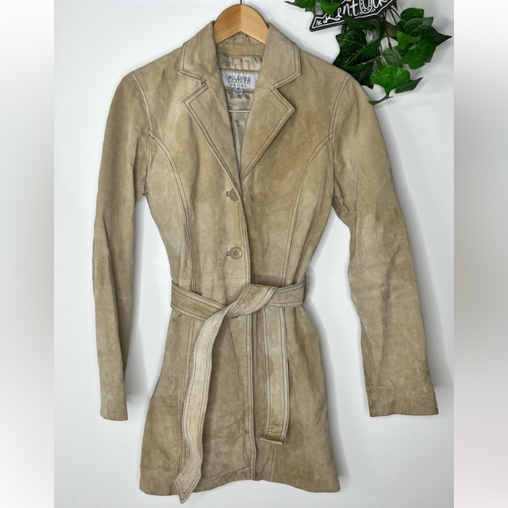 Wilson Leather Maxima Suede Short Tan Trench Coat Small